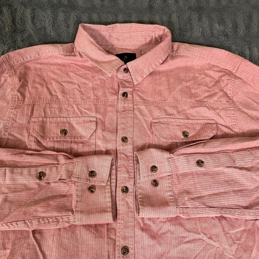 PrAna Men's X-Large Pink‎ Red Herringbone Organic Cotton Blend Button Up Shirt